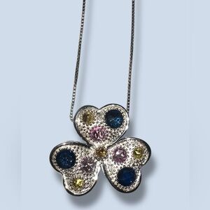 MULTI COLORED SAPPHIRE 3 Leaf Clover PINK BLUE YELLOW Sterling Silver Necklace